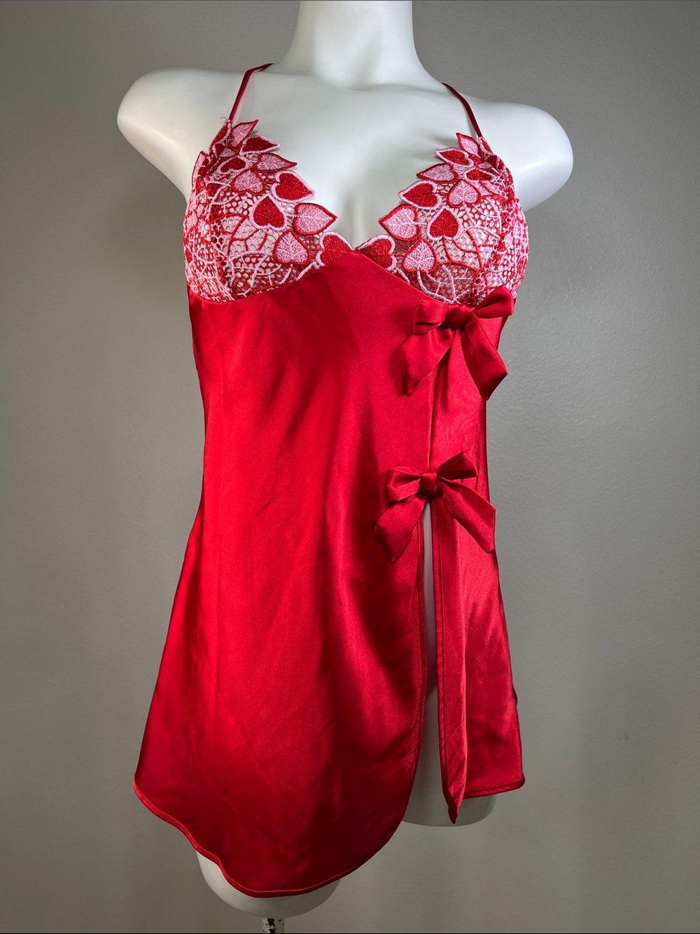 Frederick's of Hollywood Red Satin Slip with Lace Heart Cups and Side Bows M